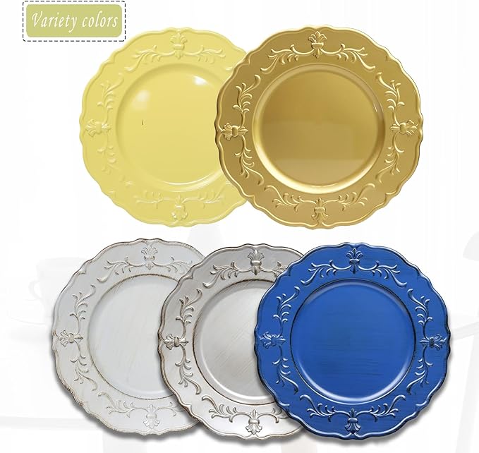 Spsyrine Antique Royal Blue Charger Plate, 13" Embossed Plastic Table Plate Chargers for Dinner, Set of 6 Elegant Decorations for Wedding, Dining, Party Events.