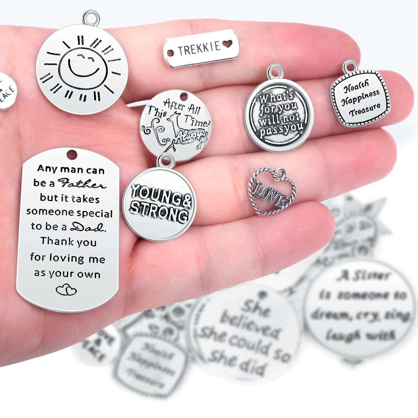 Audab 350Pcs Motivational Keychain Accessories Set with 50 Engraved Inspirational Words Charms, 50 Leather Keychain Tassels, 50 Keyring with Chain, 200 Open Jump Rings for DIY Crafting
