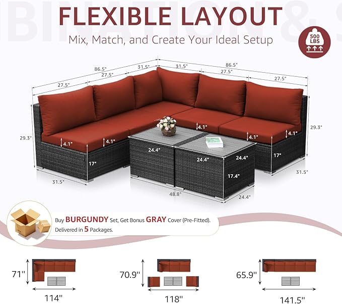 NICESOUL 7 Pieces Modern Luxury 29.3'' High Back Outdoor Furniture Sofa Set, Extra Large Size Grey PE Wicker Patio Modular Sectional with Tables, All-Weather Rattan Conversations for Backyard, Wine