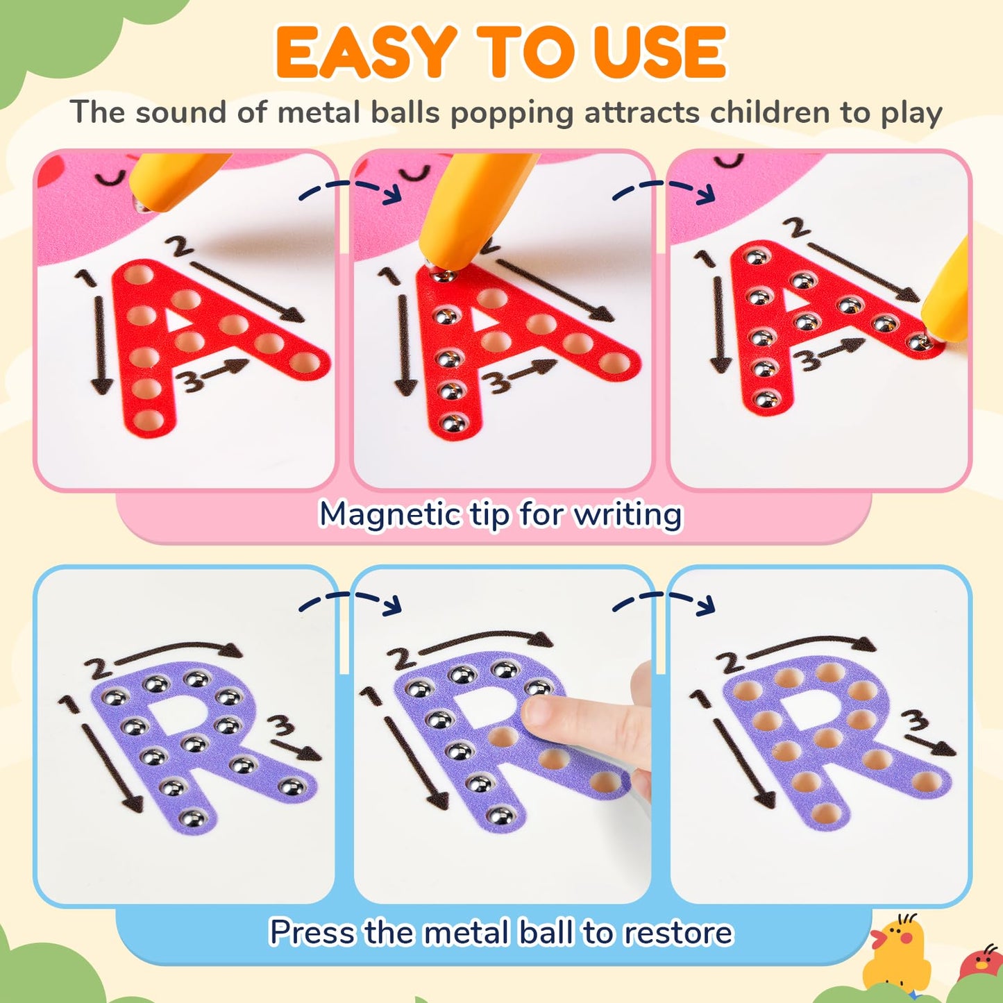 JoyCat Magnetic Animal Letter Tracing Board, Double-Sided ABC Magnets for Toddlers, Uppercase & Lowercase Letter Writing Practice - Preschool Learning Toys, Road Trip Car Activities for Kids Ages 3-5