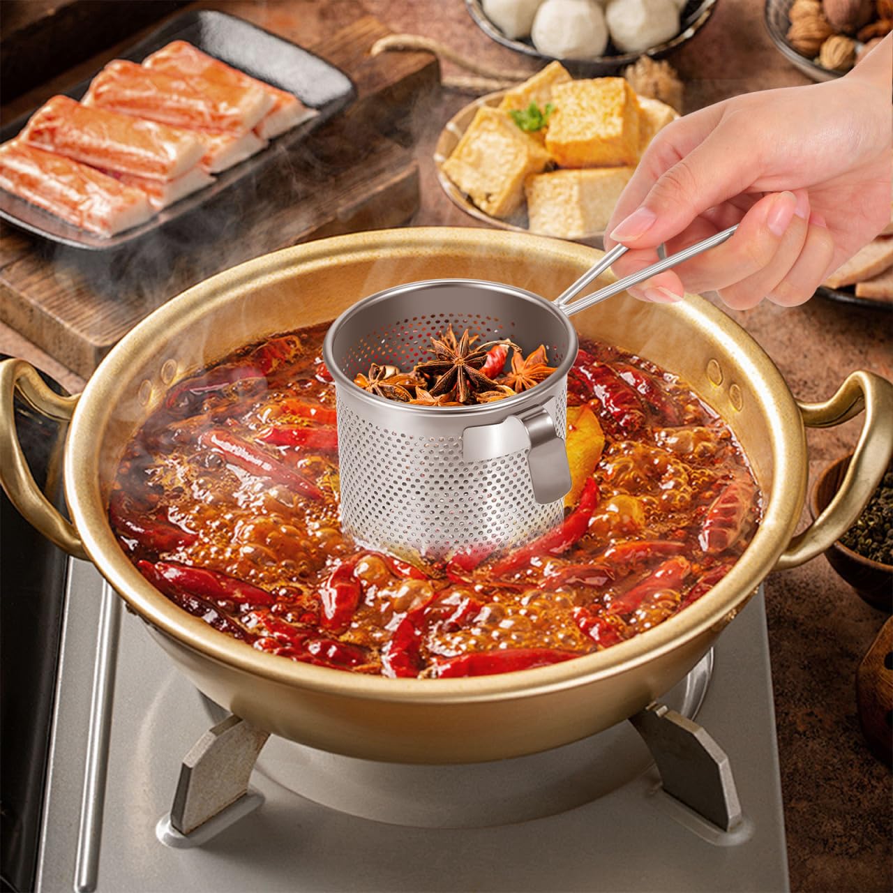 Luxshiny Hot-Pot Side Colanders Stainless Steel Mesh Strainer 6.49 Inch Hanging Basket for Cooking Noodles and Blanching in Kitchen
