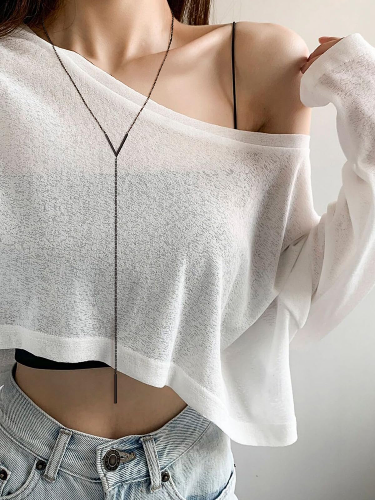 FOCALOOK Bar Pendant Y Lariat Necklaces Hypoallergenic Stainless Steel Dangle Extra Long Single Chain Black Pendant Necklace for Women