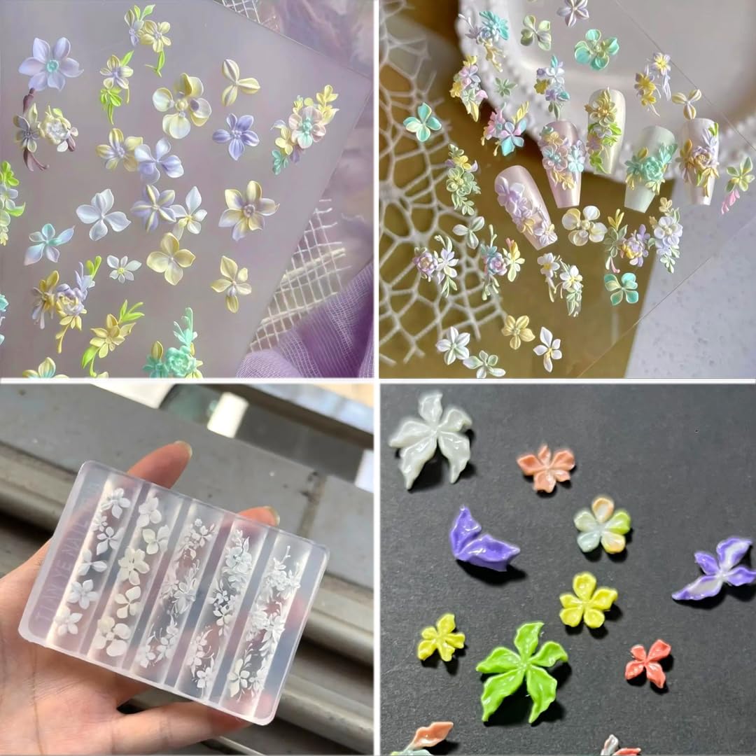 4pcs Silicone Nail Art Molds 3D Multiple Shapes Flowers Ribbon Lace Bows Bunny Butterfly Charm Molds with Carving Pen Clear Modeling Templates Manicure Tools for DIY Salon Nail Design