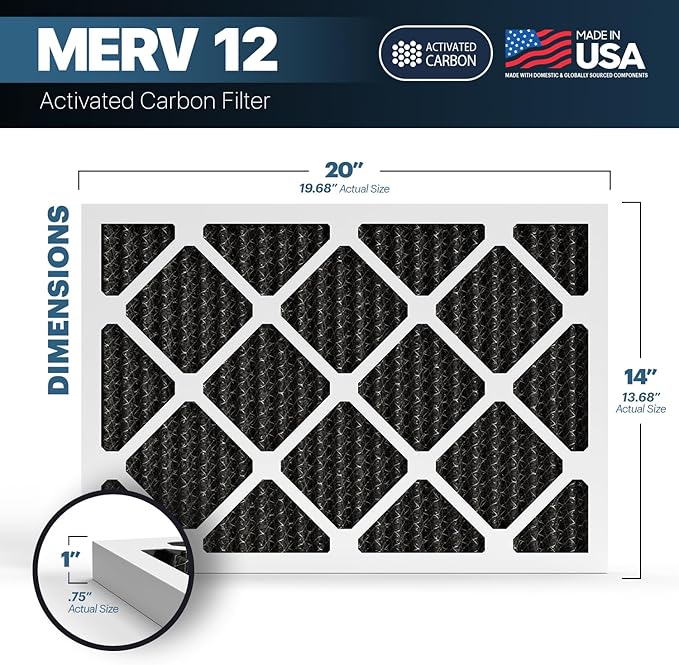BNX TruFilter 14x20x1 MERV 12 Odor Defense (6-Pack) AC Furnace Air Filter with Activated Carbon - MADE IN USA - Pleated Air Conditioner HVAC AC Furnace Filters - Removes Odor, Mold, Bacteria, Smoke