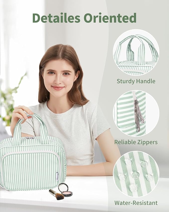 Narwey Large Travel Toiletry Bag for Traveling Women, Cosmetic Makeup Bag Make Up Organizer, Striped Travel Bag for Toiletries with Handle (Mint Green Stripe)