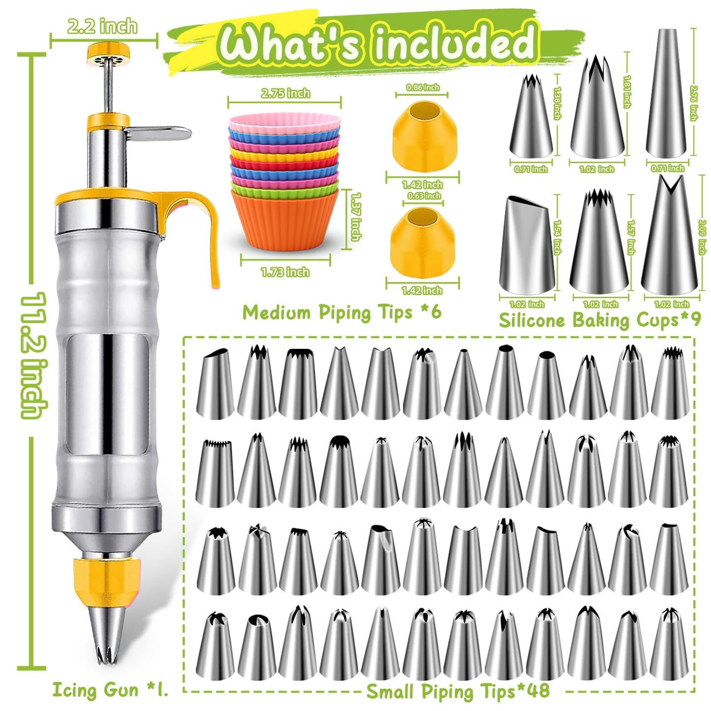 NOVANO Dessert Decorating Syringe Set, Frosting Piping Kit Stainless Steel Cake Decorating Kit with 54 Piping Tips & 9 Silicone Cupcakes, Yellow