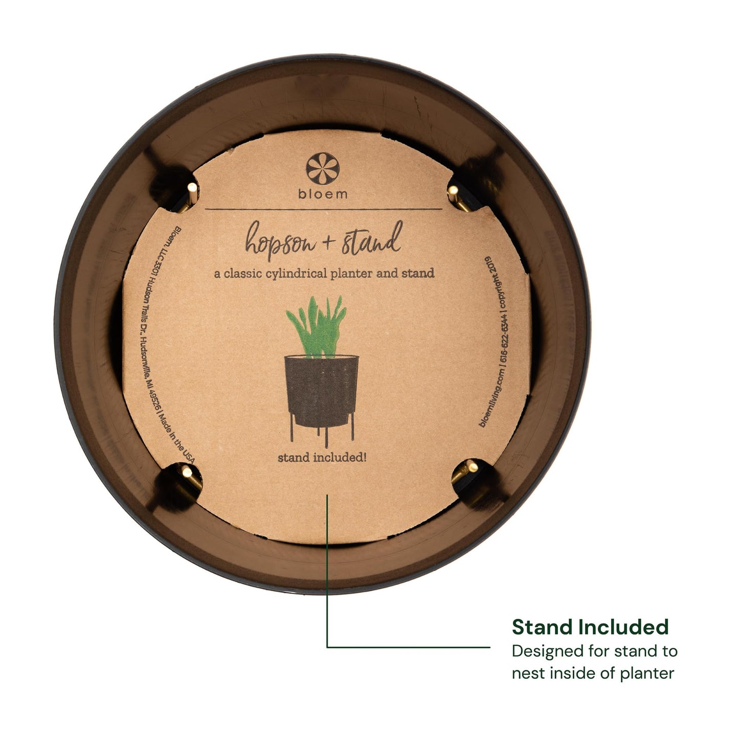 Bloem Hopson Decorative Resin Cachepot with Metal Stand, 10" Indoor and Outdoor Planter with Gold Metal Stand, Black
