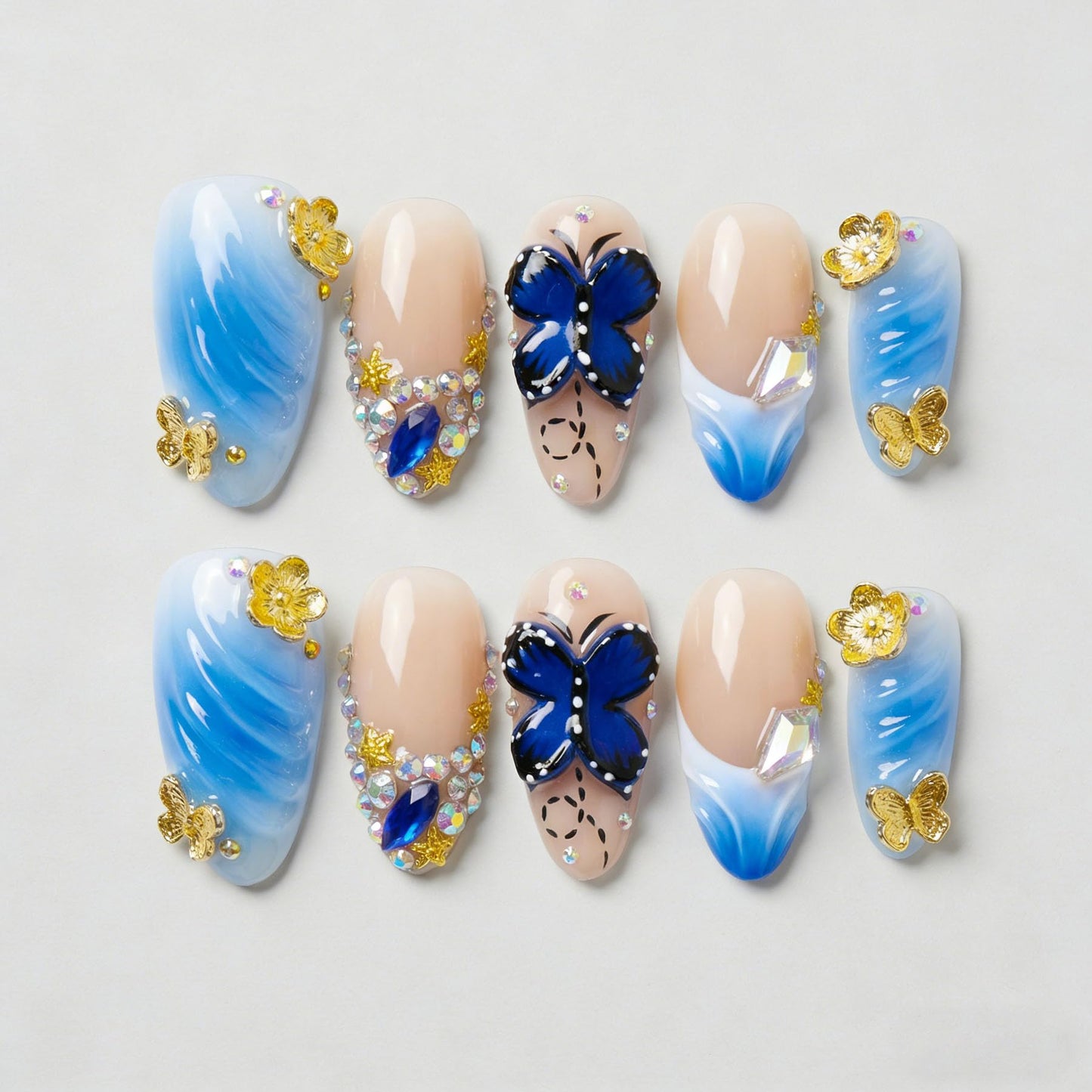 Handmade Press on Nails Almond Shape 3D Cute Glue on Nails for Women, Luxury Homemade Press on Nail Art Design, Fake Nails with 3D Nail Charms Size M 9