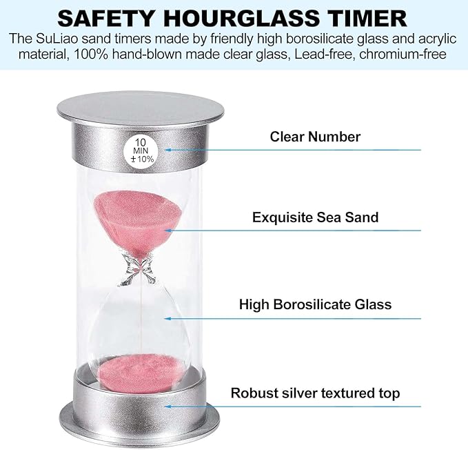 SuLiao 10 Minute Hourglass Timer Sand Clock, Unbreakable Pink Sand Watch 10 Min, Colorful Plastic Hour Glass Sandglass for Kids, Games, Decor, Classroom, Kitchen, Toothbrush Timer