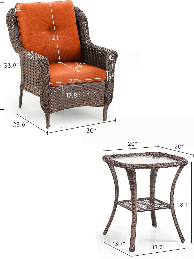 3 Piece Patio Brown Wicker Chairs with Side Table - Outdoor High Back Heavy Duty All-Weather Lawn Dining Rattan Chair Conversation Bistro Set for Deck Porch Balcony Backyard Garden - Orange