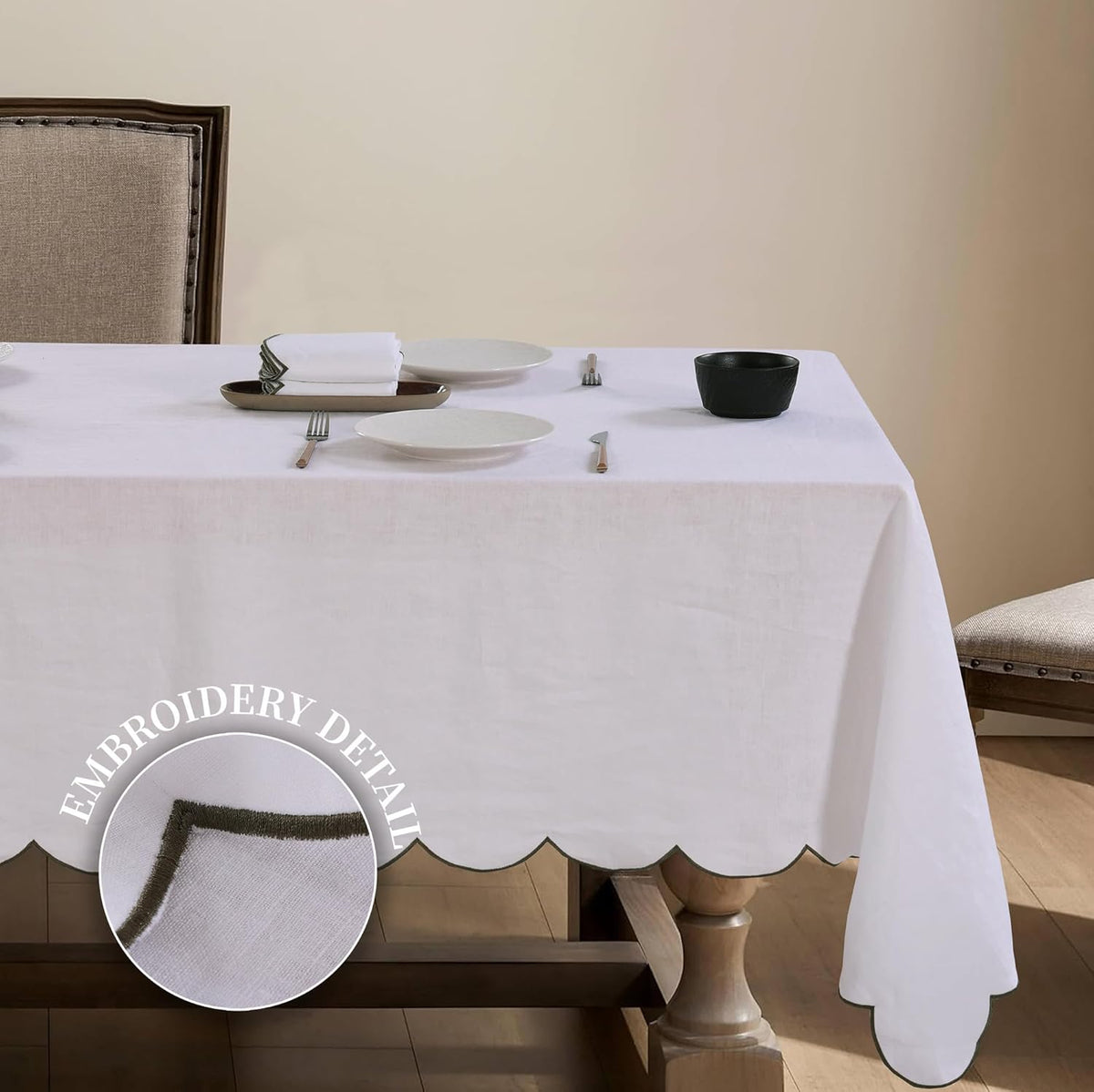 100% Pure Linen Scalloped Embroidery Rectangle Tablecloths 108Lx60W Inch for Dinners, Parties, Spring, Machine Washable, 8-10 Sets, White(Edges-Green)