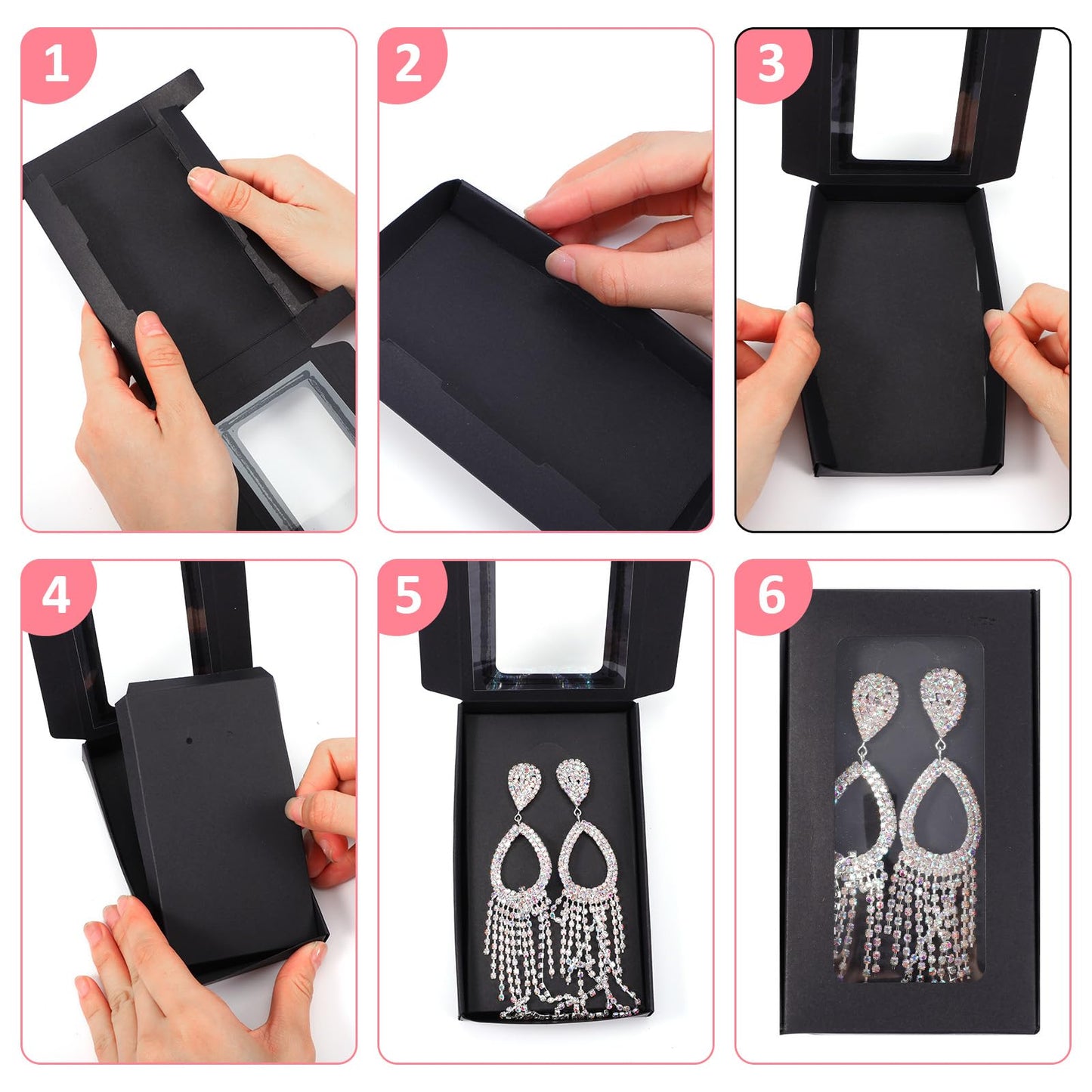 Tobeelec 50 Pcs Jewelry Packaging Boxes with Stickers - 5.4"x3.4"x0.7", Paper Necklace Gift Box Bulk with Clear Window Display Card Sticker for Displaying Necklaces Rings Bracelets Earrings (Black)