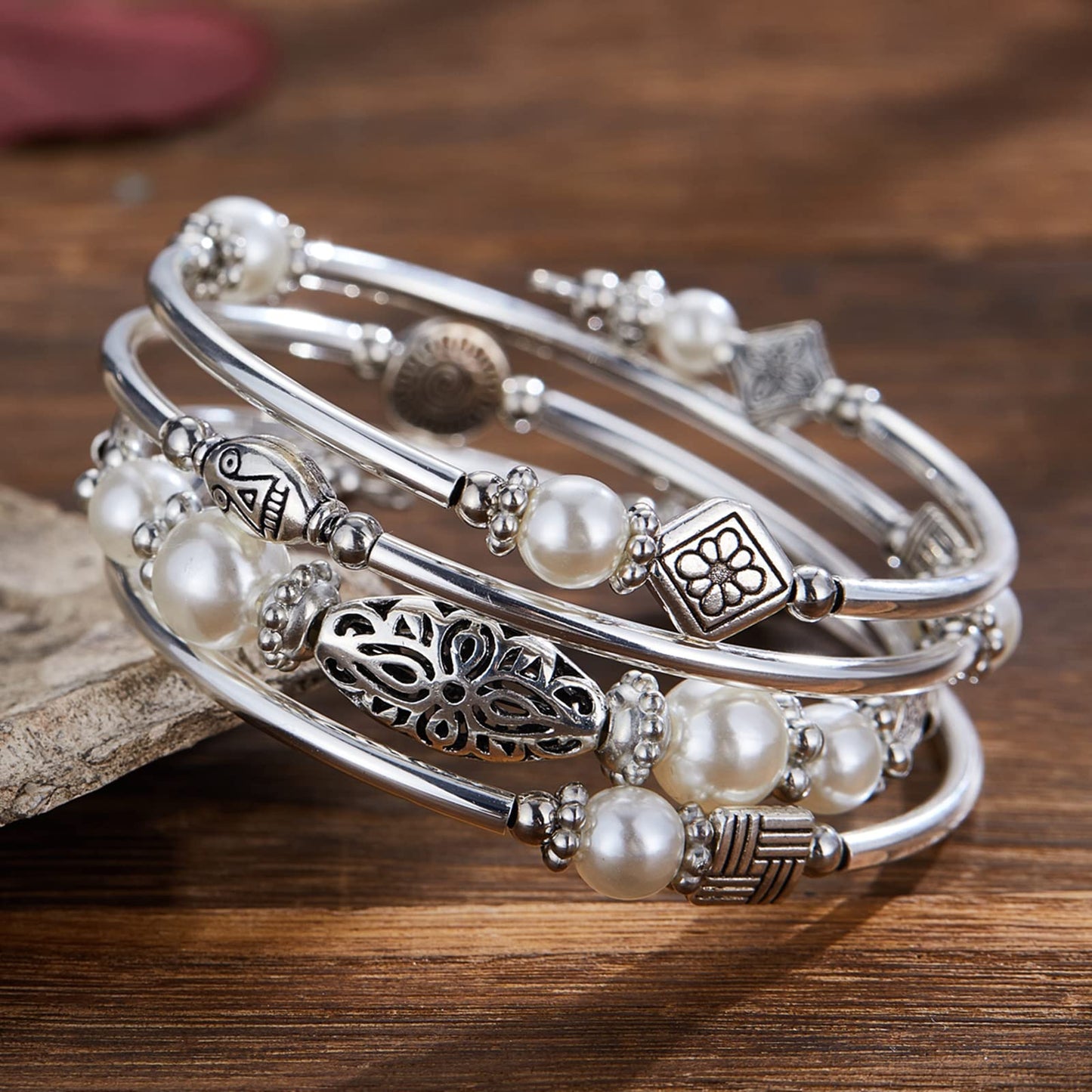 BULINLIN Layered Wrap Bangle Turquoise Bracelet - Bead Bracelet with Natural Agate Stone, Gifts For Women (03-White pearl)
