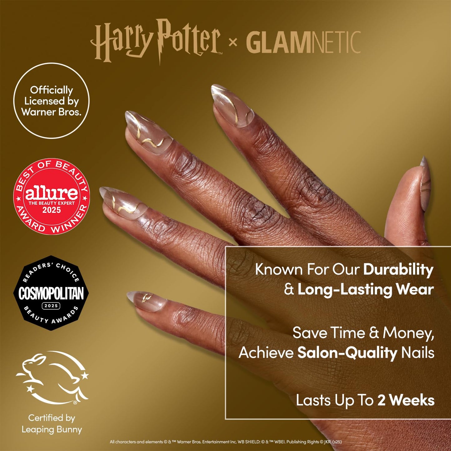 Harry Potter™ x Glamnetic Press On Nails - Golden Cup™ | Semi-Transparent Brown 3D Gold Graphic Short Almond Fake Nails in a Chrome & Glossy Finish | 15 Sizes - 30 Nail Kit with Glue