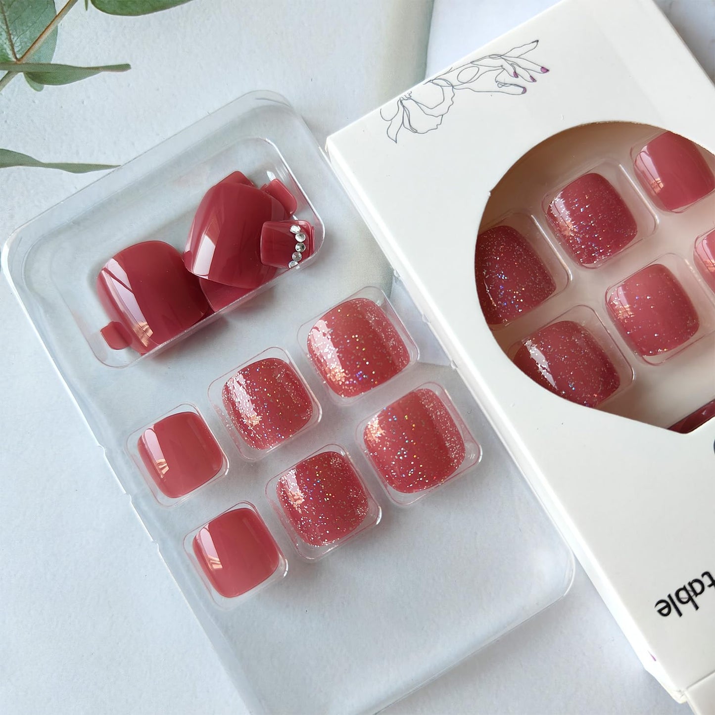 Short Square Press on Toenails Glitter Fake Toe Nails Glossy Acrylic Toe Nail Press ons Wine Red Toenails Press on Nails with Rhinestones Design Glue on Toe Nails for Women 24Pcs