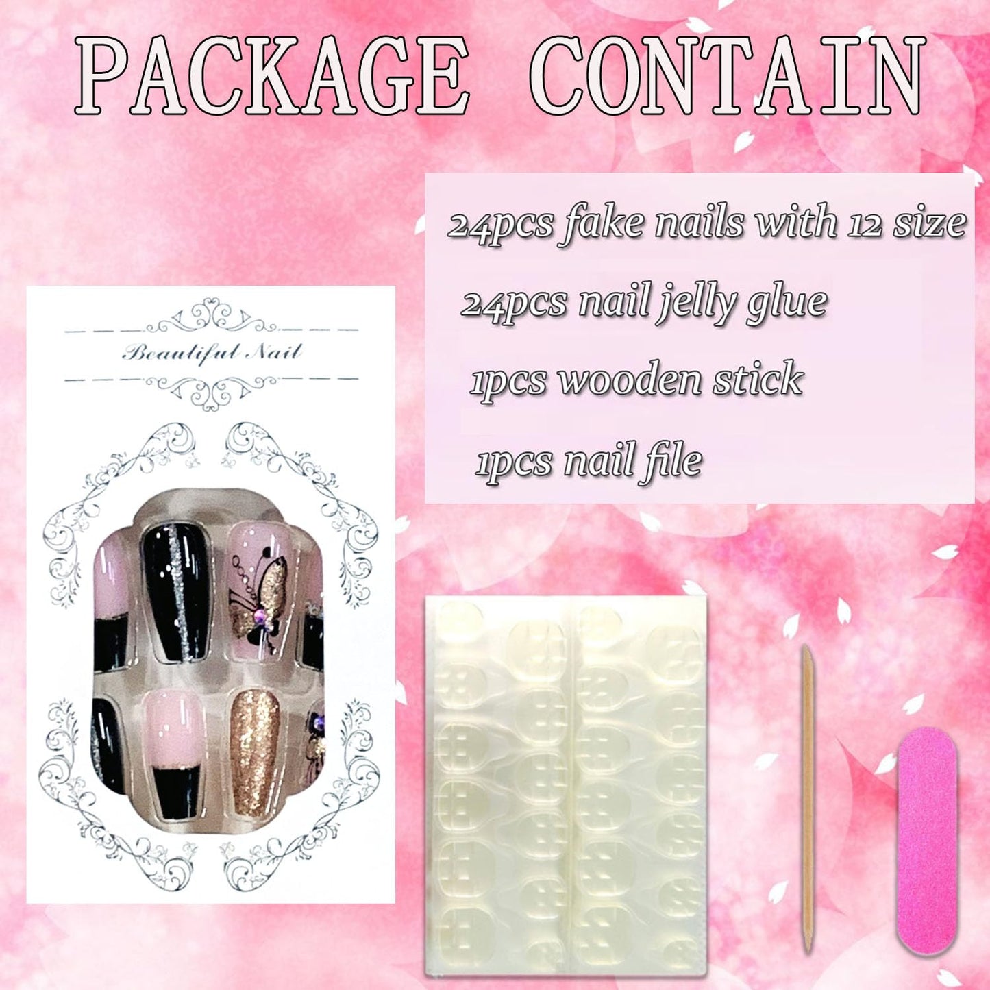 FIEONCIY Press on Nails Square Medium Length Glossy Full Cover Acrylic Square Shaped False Nails with Designs Artificial Short Coffin Fake Nails with Charms Glue ons Fingernails for Women(BKS3100)