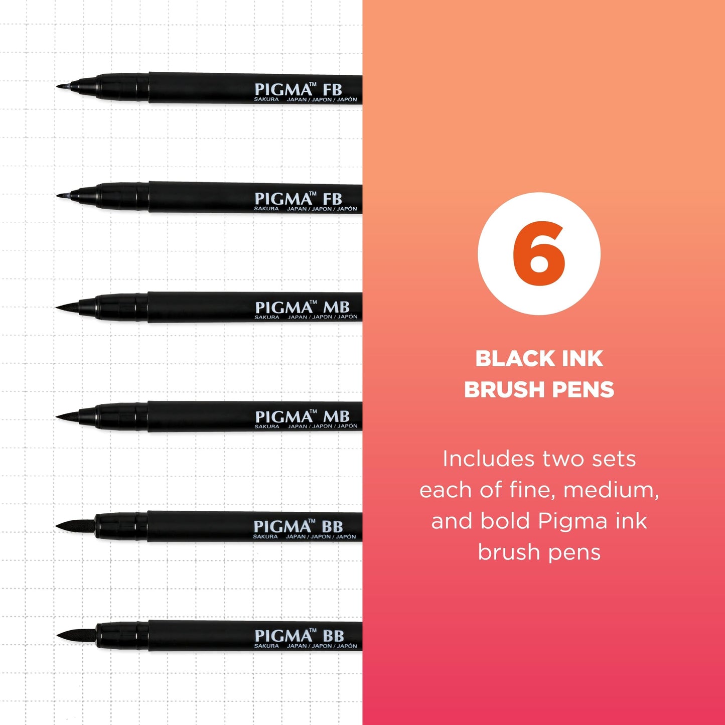 SAKURA Pigma Professional Brush Pen PPBVariation, 6 Set, Black, 6 Pack