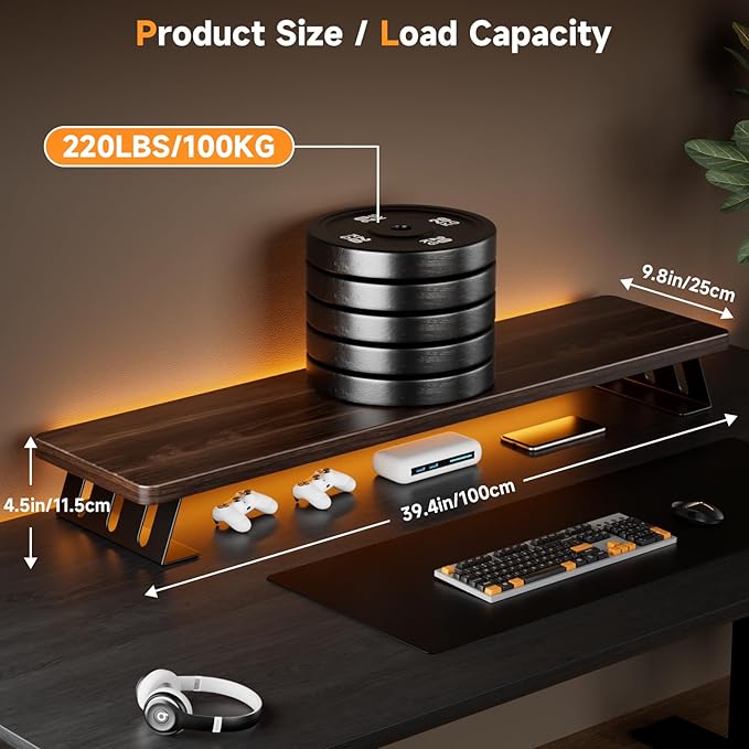 NestNeat Dual Monitor Stand Riser, 39 Inch Large Wood Monitor Stands for 2 Monitors, Desk Monitor Riser for Computer/Laptop/Printer/TV, Stand Riser up to 220 lbs