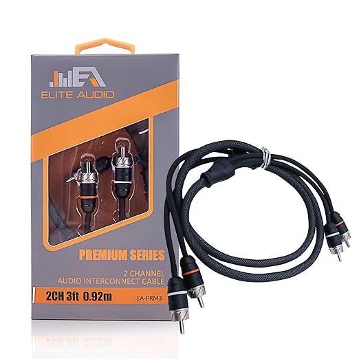 Elite Audio Premium Series 3ft. 2-Channel Car Audio RCA Cable – Double Shielded, Oxygen Free Copper, Noise Reducing Audio Cable for Amplifiers, Subwoofers, Speakers, and Processors – PRM3