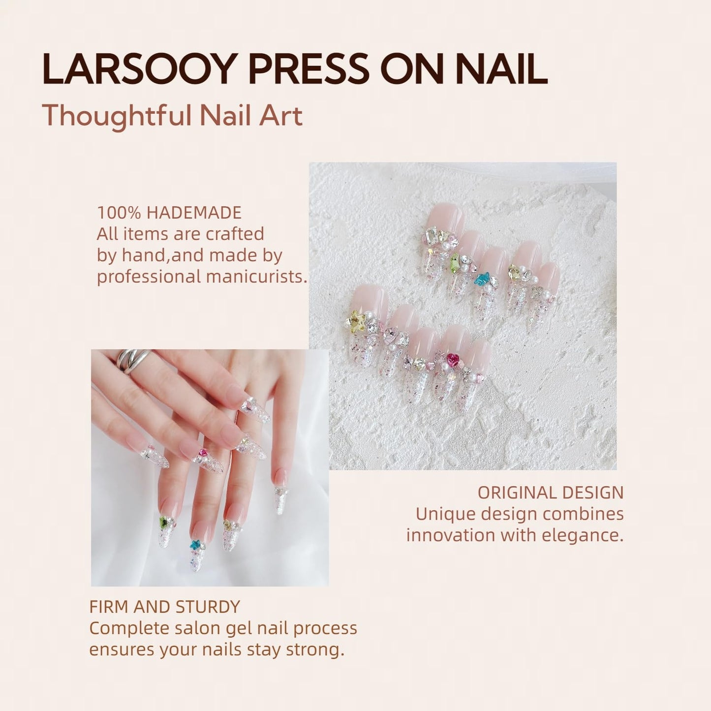 LARSOOY Nails Handmade Press on Nails Long Oval | Handmade Nails with Candy Bubble | Reusable fake Nails with Unique Designs | False Nails 10 Pcs (Candy Bubble, M)