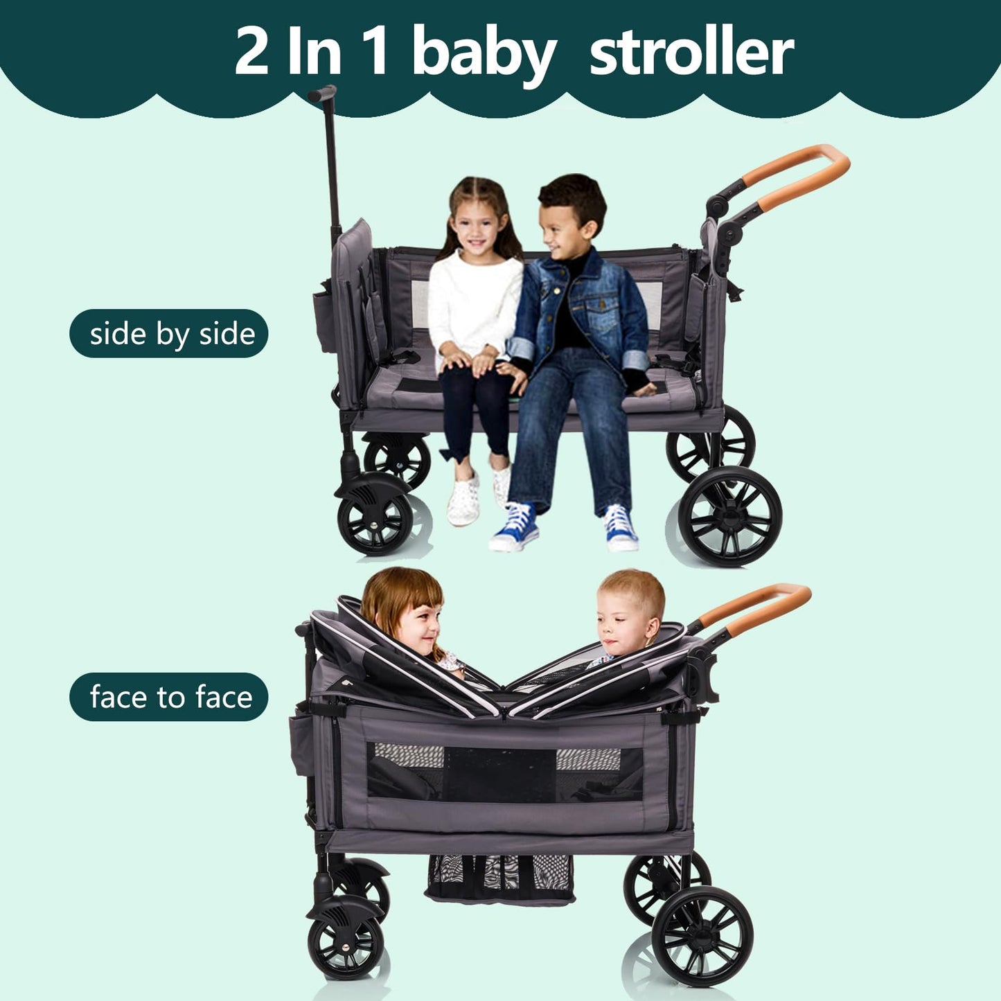 Luxury Wagon Stroller for 2 Kids & Cargo-Lightweight Foldable Travel Push Pull All-Terrain Double Wagon for Newborn&Toddler with 5-Point Harness,Adjustable Handle, Canopy,Tray Table,Cup Holder