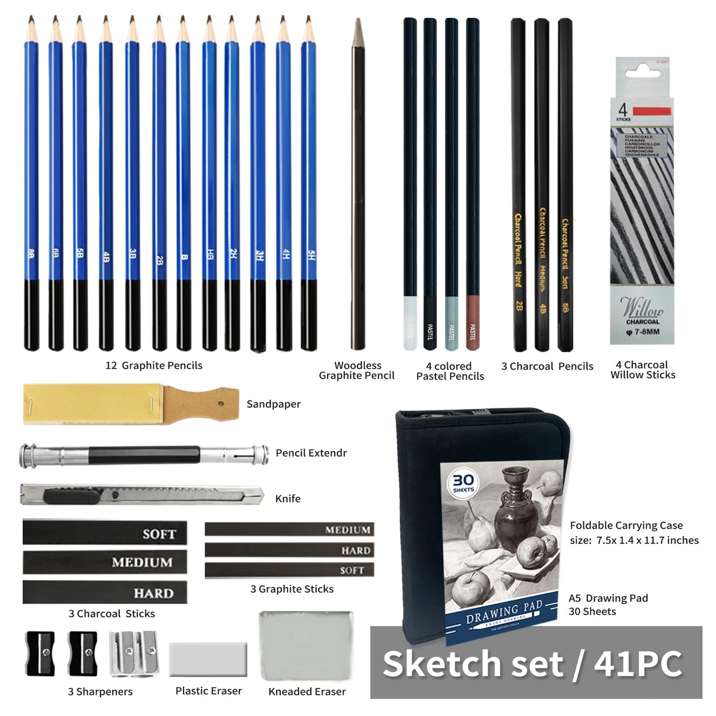 MYBRELAR Sketching and Drawing Kit, 41 PCS Professional Drawing Pencils for Sketching Kit with Sketchbook, Graphite and Charcoal Pencils, Art Drawing Set for Kids, Beginners, Teens and Adults