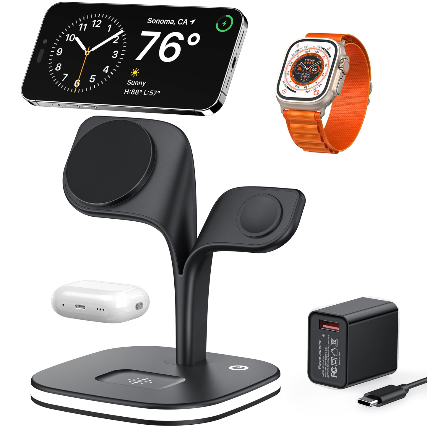 EXW Wireless Charging Station for Magsafe Charger,Charging Station for Multiple Devices,Wireless Charger for iPhone 17 Air 16 15 14 13 12,Apple Watch,AirPods with LED(Black)