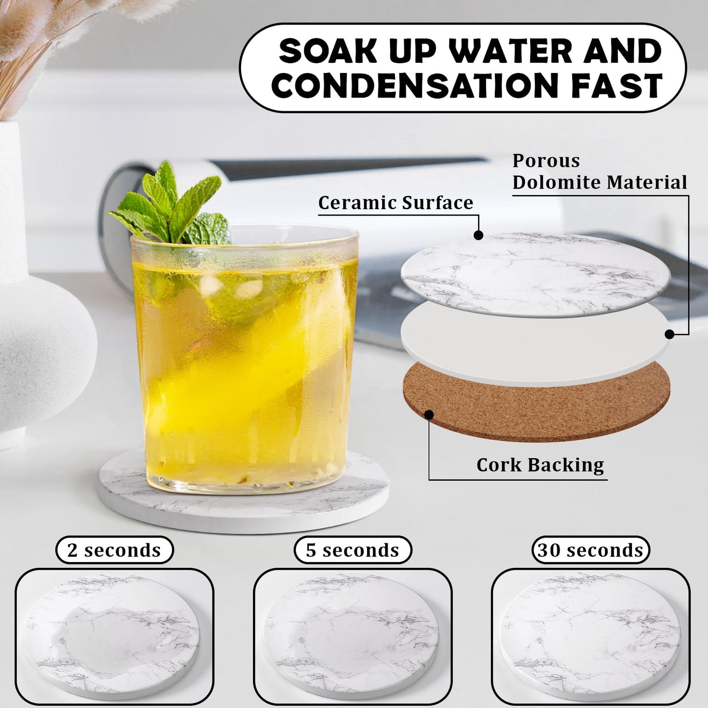 GOH DODD Coasters for Drinks Set of 6, Absorbent Marble Style Ceramic Coaster Tabletop Protection Home Decor with Metal Holder for Coffee Table, Housewarming Gifts Wedding Party, White, Round, 4 Inch
