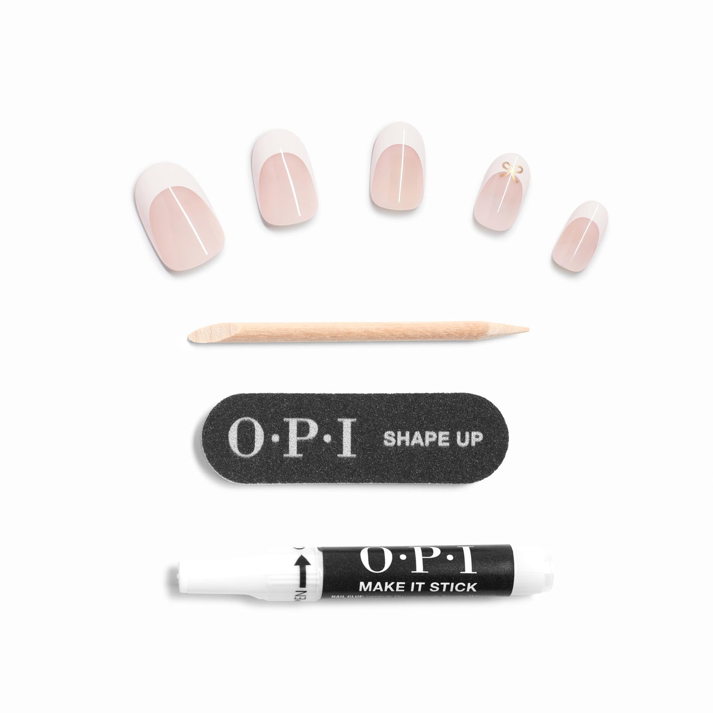 OPI On Point Bow-jour! | Short Round Nude & White French Tip with Gold Bow Design Nail Art Press On Nails | 24 Count with Glue | Long Lasting, Reusable, Non-damaging | Fall 2025 Shades