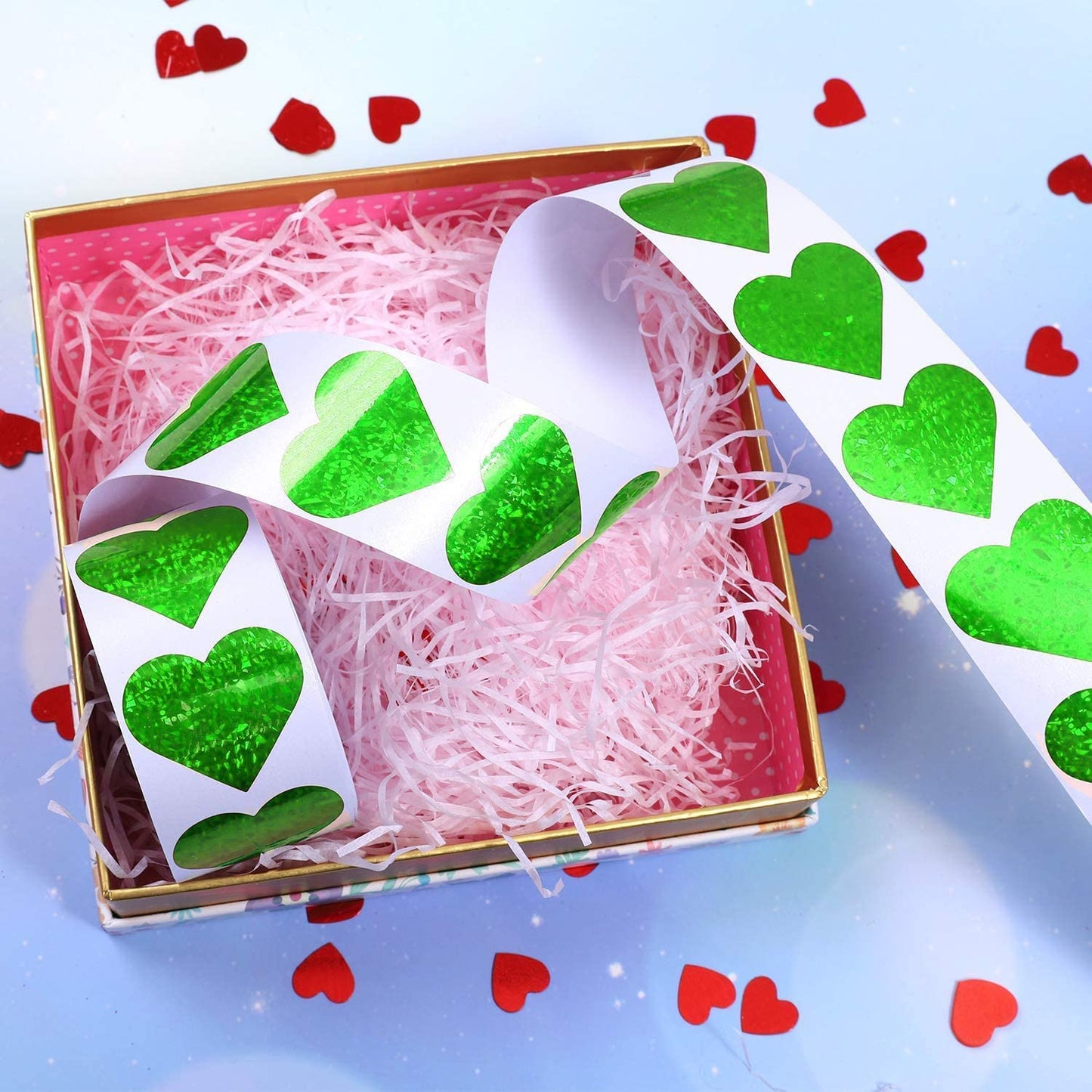 1.5" Glitter Red Heart Stickers and 1.5" Glitter Green Heart Stickers, 2 Roll 1000 Piece