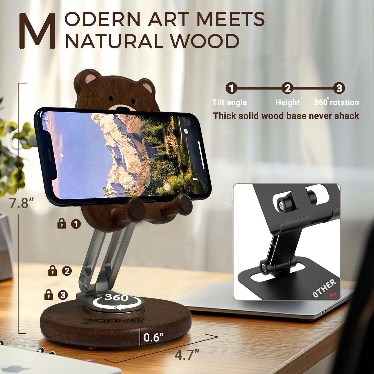 Agicogeo Hand-Inlaid Solid Wood Phone Stand for iPhone 16/Tablets - 360° Rotating Desk Organizer Holder with Artisan Carvings & Adjustable, Heavy Base Home Office Decor, Gift-Ready (Bear Cub)