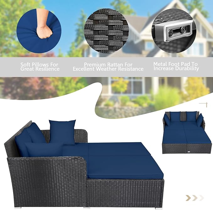 HAPPYGRILL Patio Rattan Daybed Outdoor Loveseat Sofa Set with Padded Cushion Pillows and Sturdy Aluminum Foot Wicker Patio Furniture for Garden Porch Poolside