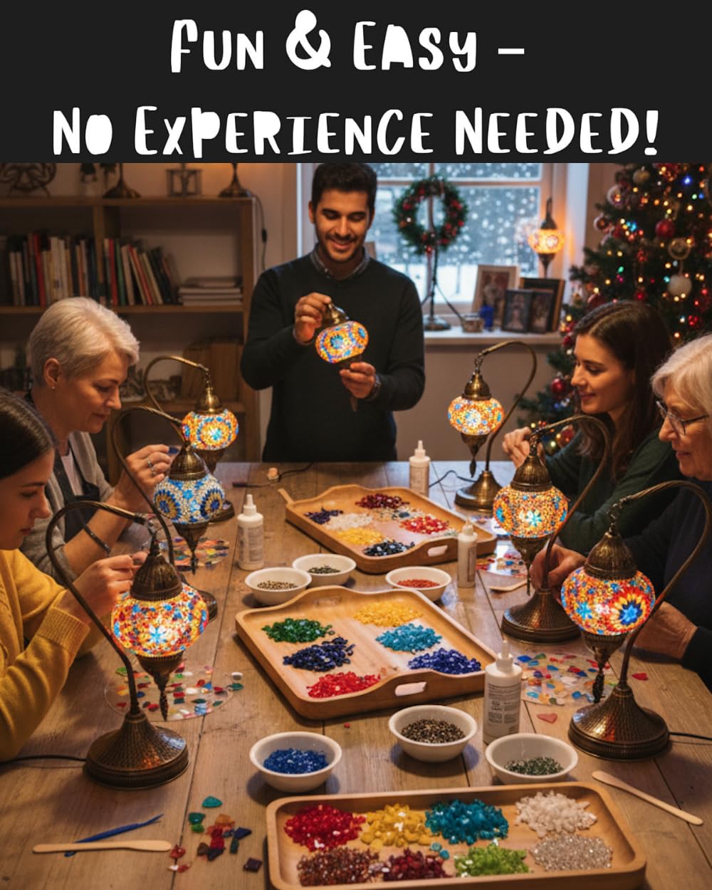 DEMMEX DIY Turkish Moroccan Mosaic Lamp Making Kit – Beginner Friendly Mosaic Art & Craft Project Kit for Adults & Teens – No Grout/Plaster Needed – Fun, Easy, No Experience Required (Multistar)
