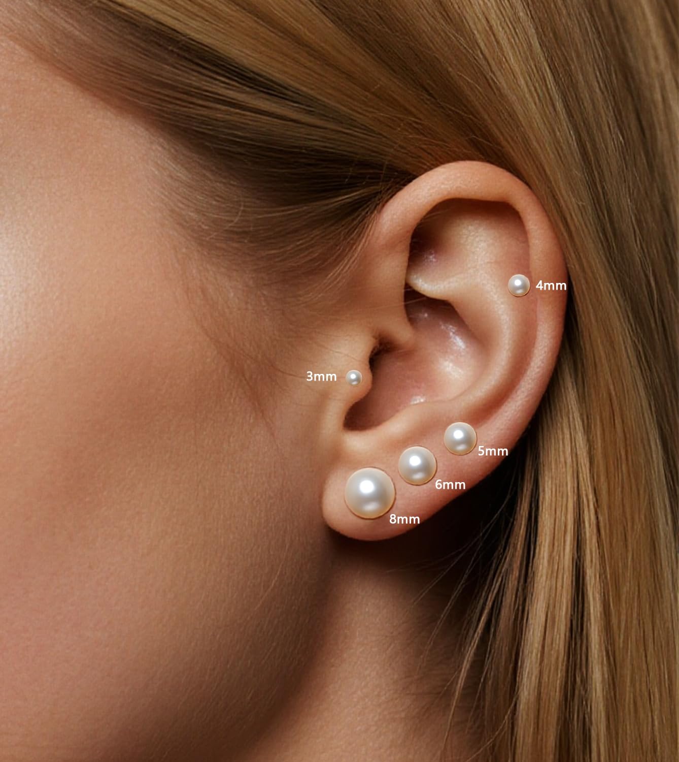 Gold Pearl Stud Earrings for Women Flat Back, 20G Hypoallergenic Surgical Steel Piercing Studs for Sensitive Ear, Lightweight Shiny Earrings Studs for Helix Tragus Cartilage Multiple Piercing