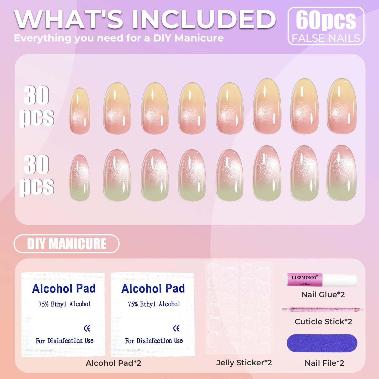 Press on Nails Short Oval Ombre 2 Pack, Macaron Rainbow | Rust Olive Glitter Nail Press ons- 60Pcs Stick on Nails Kit, Reusable False Nails for Women (L1516_2224)