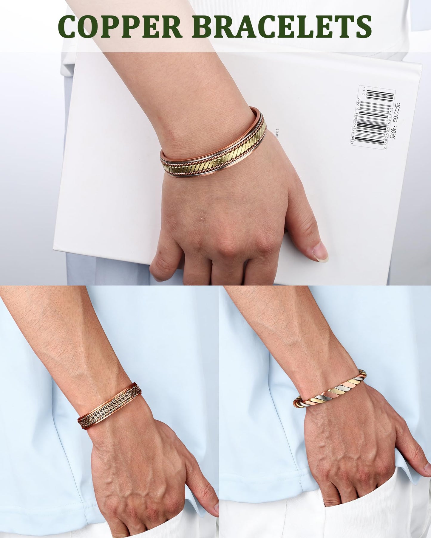 MagEnergy Copper Bracelets for Women Men, Set of 3 Pcs, Magnetic Therapy, Handmade 99% Copper Cuff Bracelet, Jewelry Gift Box