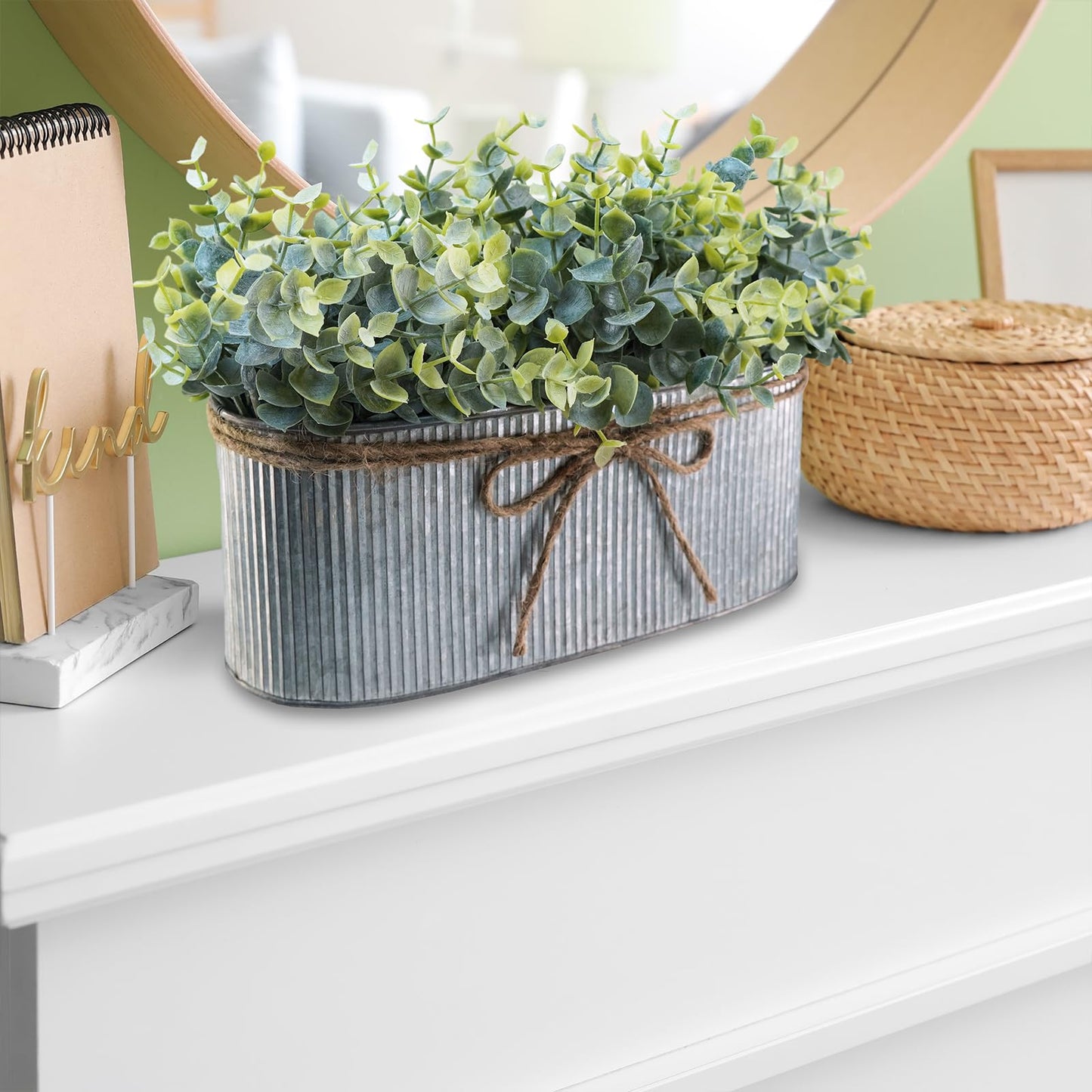 Winlyn Artificial Eucalyptus Arrangement in Rustic Oval Galvanized Metal Planter Box Faux Eucalyptus Bush Greenery Potted Plants for Farmhouse Indoor Home Office Table Centerpiece Kitchen Décor
