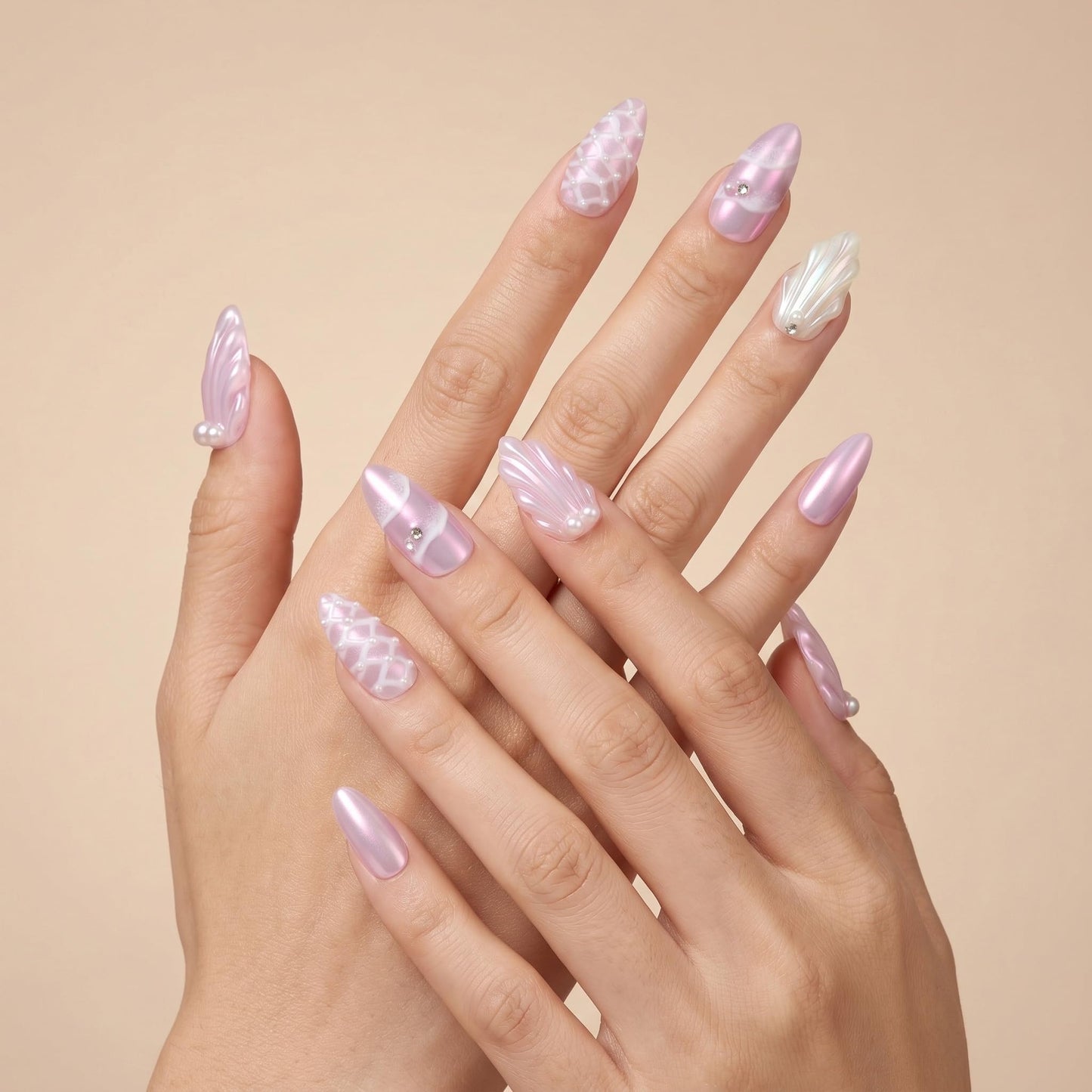 Sun&Beam Nails Handmade Press On Nail Medium Long Almond Oval Purple White Pearl Shell Fake Tip 3D Design Art Charms Cute with Storage Box 10 Pcs (Purple-L)