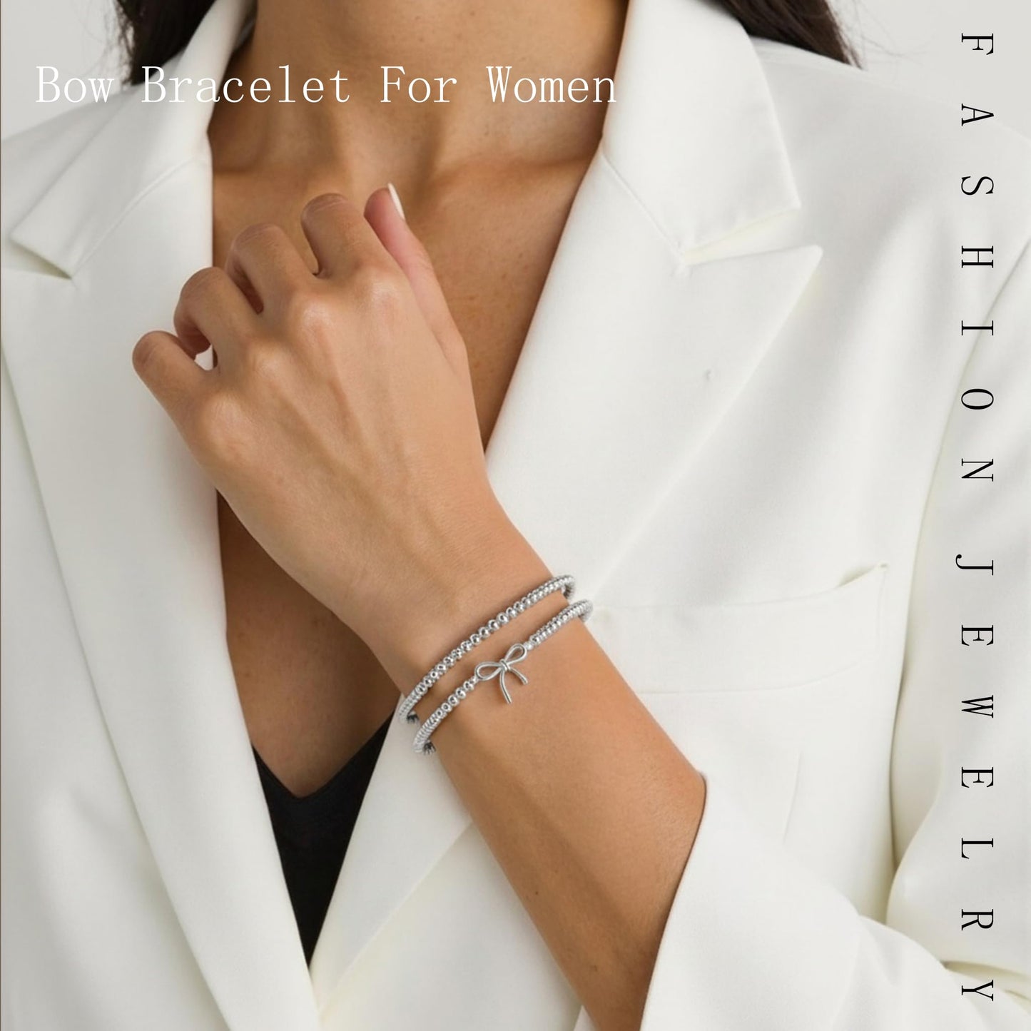 Jsuospmy Silver Beaded Bracelets for Women 14K Silver Bow Bracelet Handmade Stackable Bracelets for Women Trendy Non Tarnish Bracelet Jewelry Gift for Womens 2Pcs (07.Bow+Beaded (Silver))