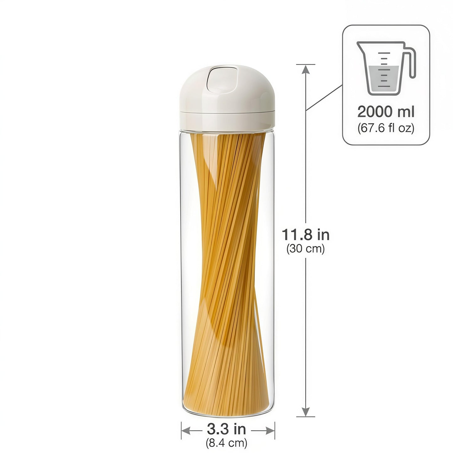 Hoffnugshween Glass Spaghetti Storage Jar with Measuring Dispenser Lid - 67 oz Airtight Tall Pasta Container, Borosilicate Food Canister for Pantry Organization (White)