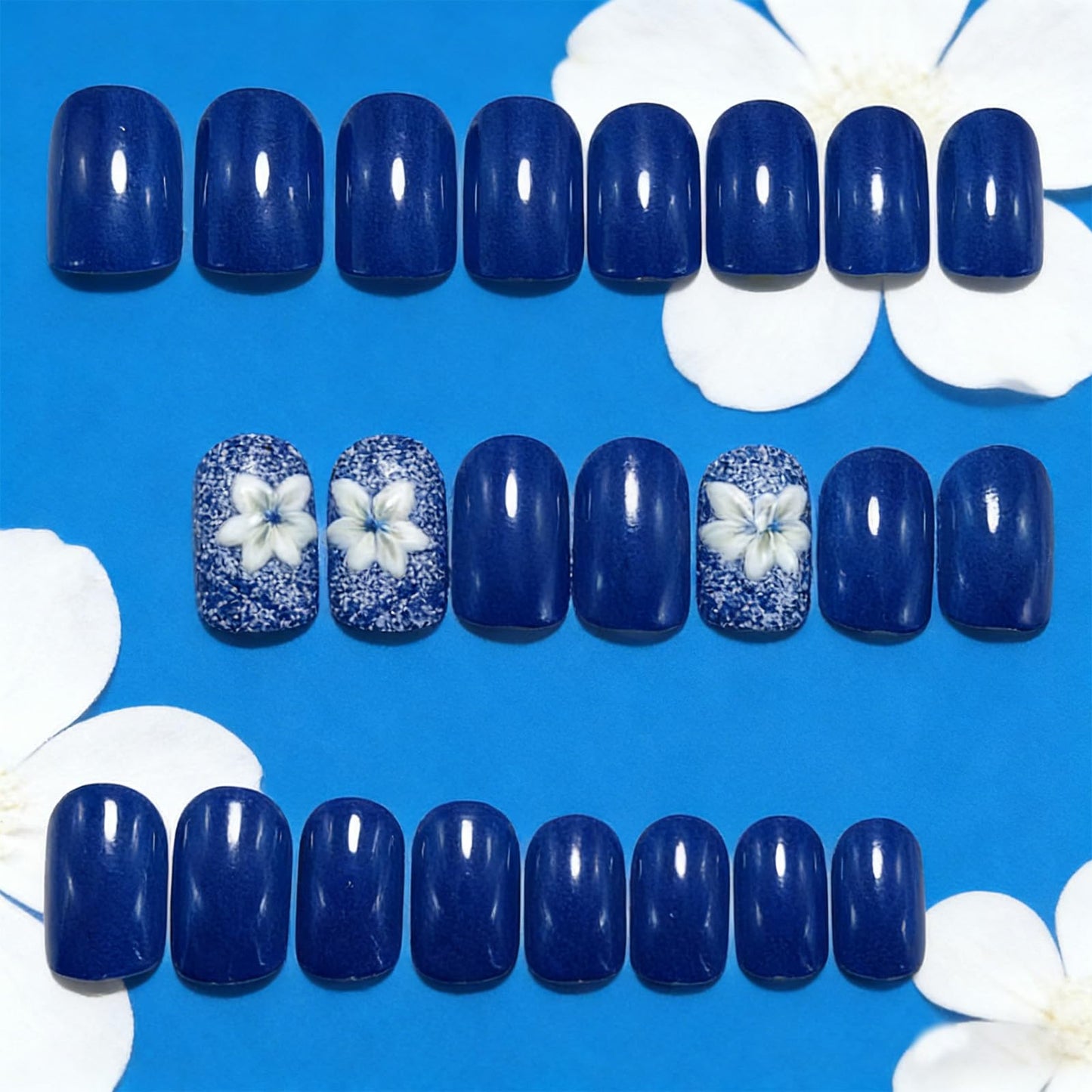 Navy Blue Press on Nails with 3D Flower Designs Short Square Fake Nails 24Pcs White Floral Press on False Nails Glossy Artificial Glue on Nail Reusable Stick on Fingernails for Women