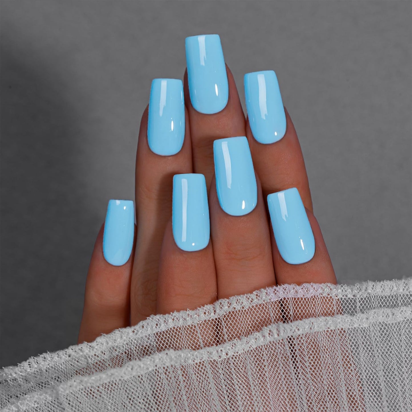 KQueenest Light Blue Press On Nails Long Square - Summer Press On Nails Medium Coffin, Sheer Soft Blue Fake Nails with Glue, Glossy Opaque, Reusable Soft Gel Glue on Nails for Manicure Gift, 24 Pcs