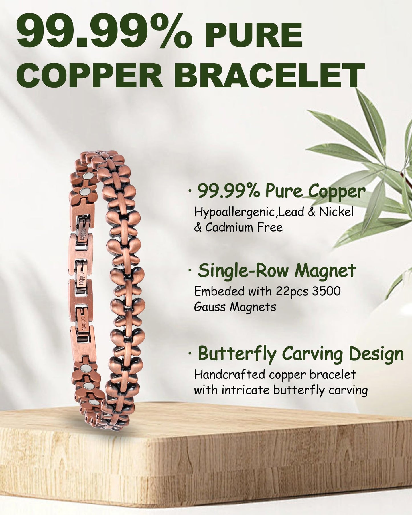 MagEnergy Copper Bracelet for Women, 99.99% Pure Solid Copper Bracelet with 3500 Gauss Magnetic, Adjustable, Jewelry Gift (Copper-Butterfly+Ring/B)