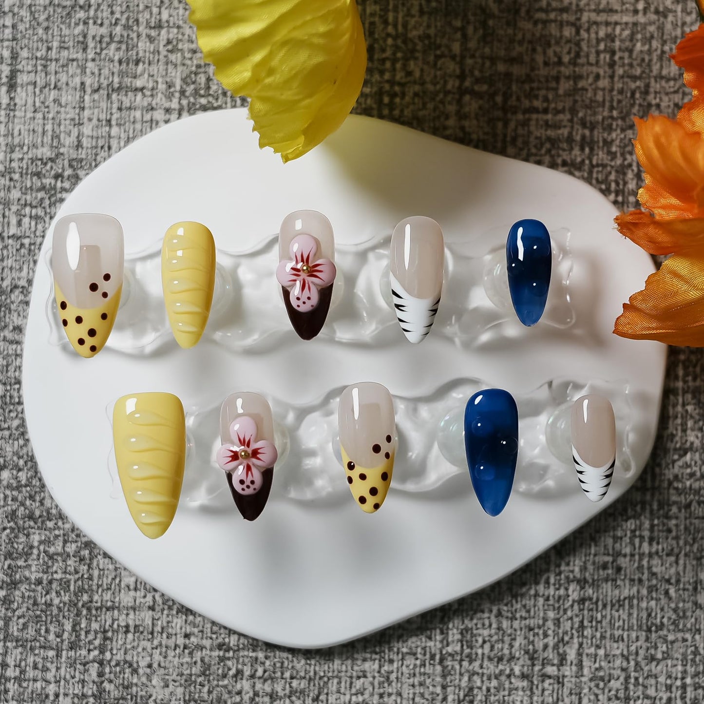 Tesytto 3D Hibiscus Press on Nails - Medium Almond 3D Flower & Water Drop Texture, Blue & Butter Yellow French Tip Nails, Tropical Hawaii Summer Fake Nails (Big Island-A,M)