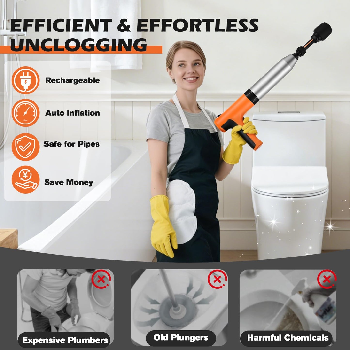 Electric Toilet Plunger, High Pressure Toilet Snake Drain Clog Remover, Splash-free Unclogger with Drain Snake Auger, Plungers for Bathroom Heavy Duty, Versatile Air Blaster Unclogger Kit (Orange)