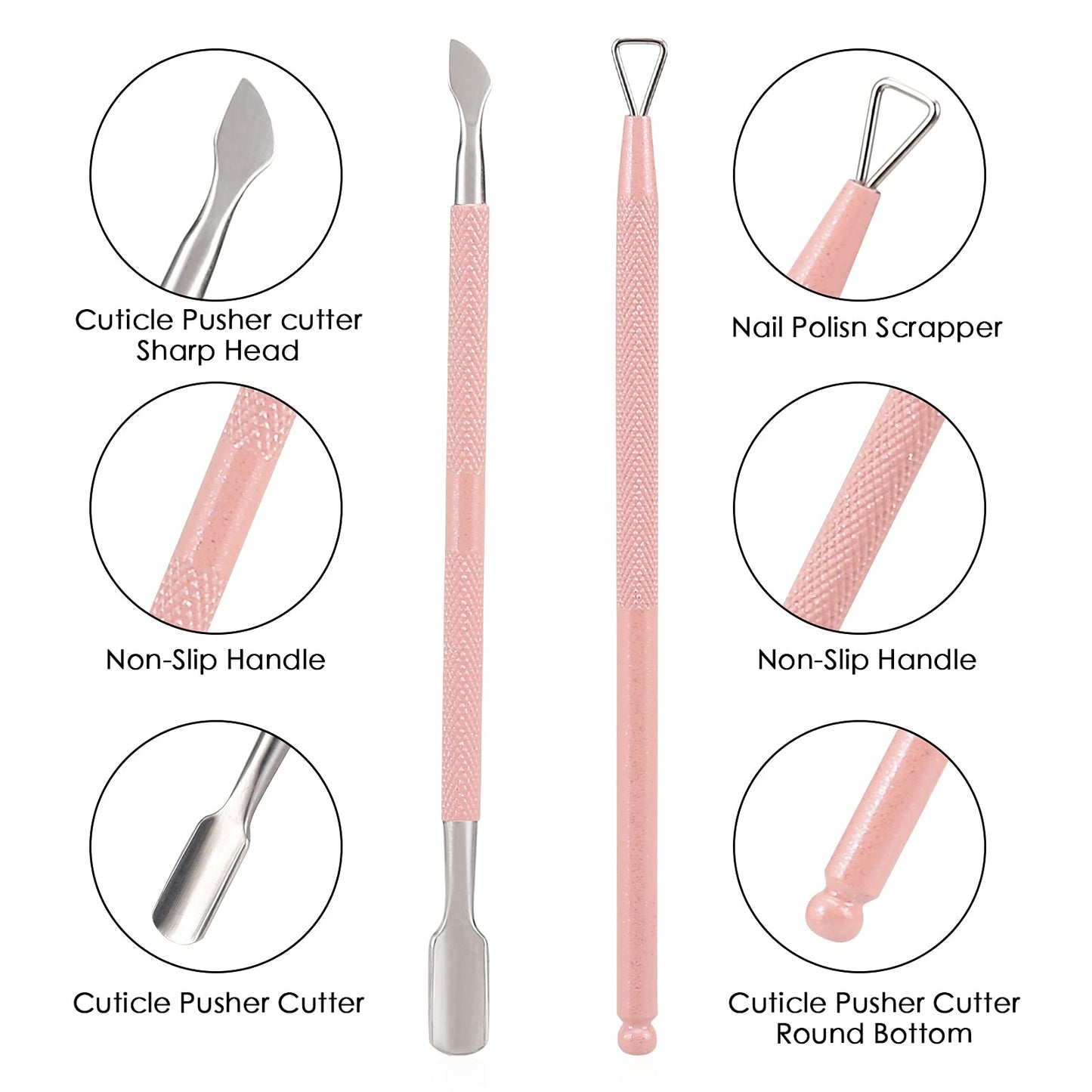 YINYIN Professional Stainless Steel Cuticle Trimmer with Pusher and Cutter - Durable Pedicure Manicure Tools for Fingernails and Toenails (Pink)