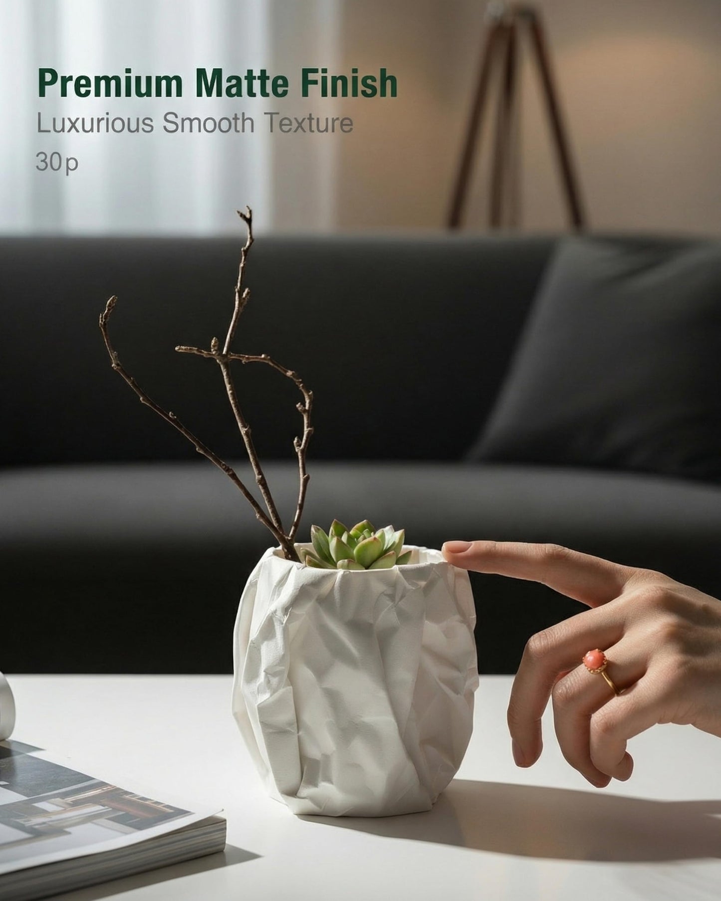 CODIAO Small White Pot Cover (No Drainage) - Unique 3D Printed Crumbled Paper Planter - Modern Artistic Cachepot for 3" Succulents - Cute Desk Decor & Creative Gift (Matte White)