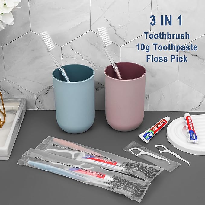 50pcs Disposable Toothbrushes with Toothpaste Floss Individually Wrapped, 2 Color Disposable Toothbrush, 10g Toothpaste, Dental Floss Pick, Bulk Toothbrush Kit for Homeless,Airbnb,Hotel