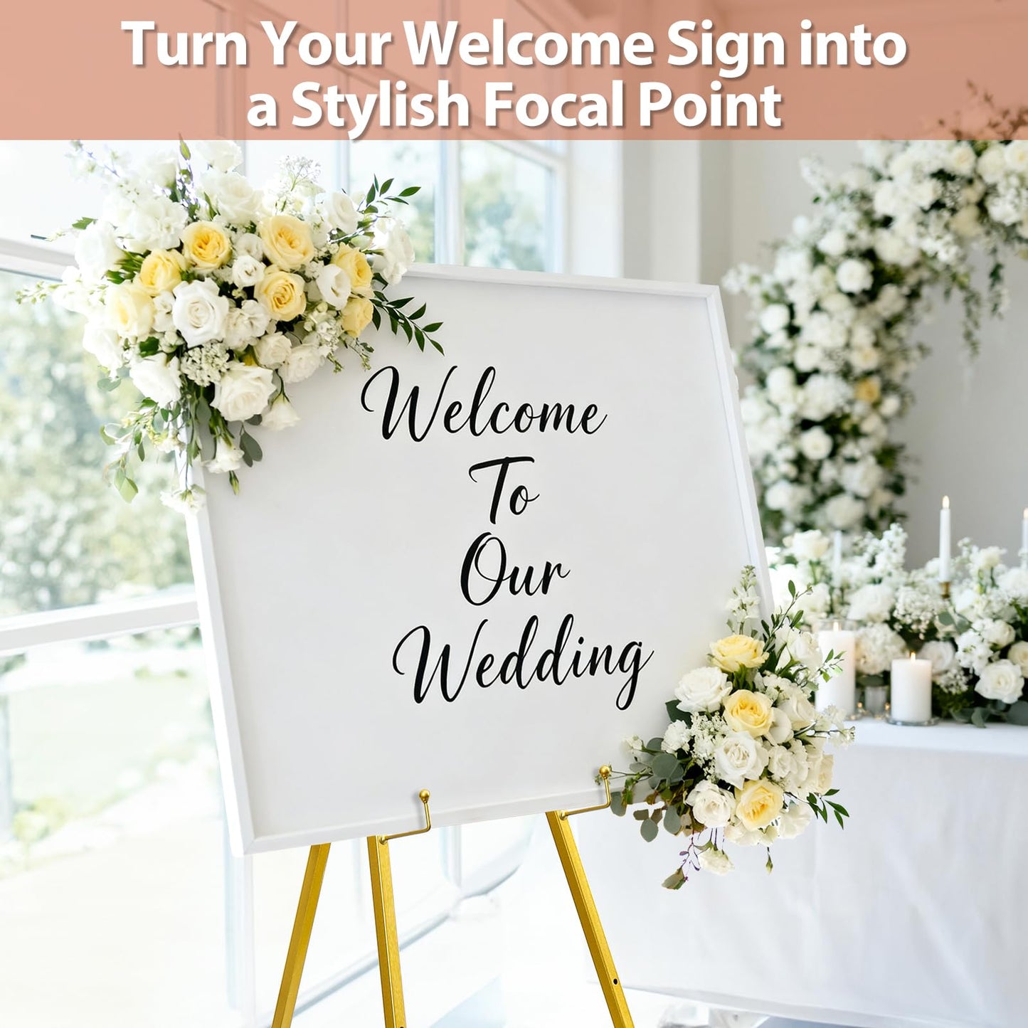 WRINGKIT Gold Easel Stand for Sign, Heavy Duty Metal Adjustable Display Stand with 4 Tier, 44'' Height Large Floor Standing Easel for Painting, Poster, Mirror, Art, Welcome Wedding Signs