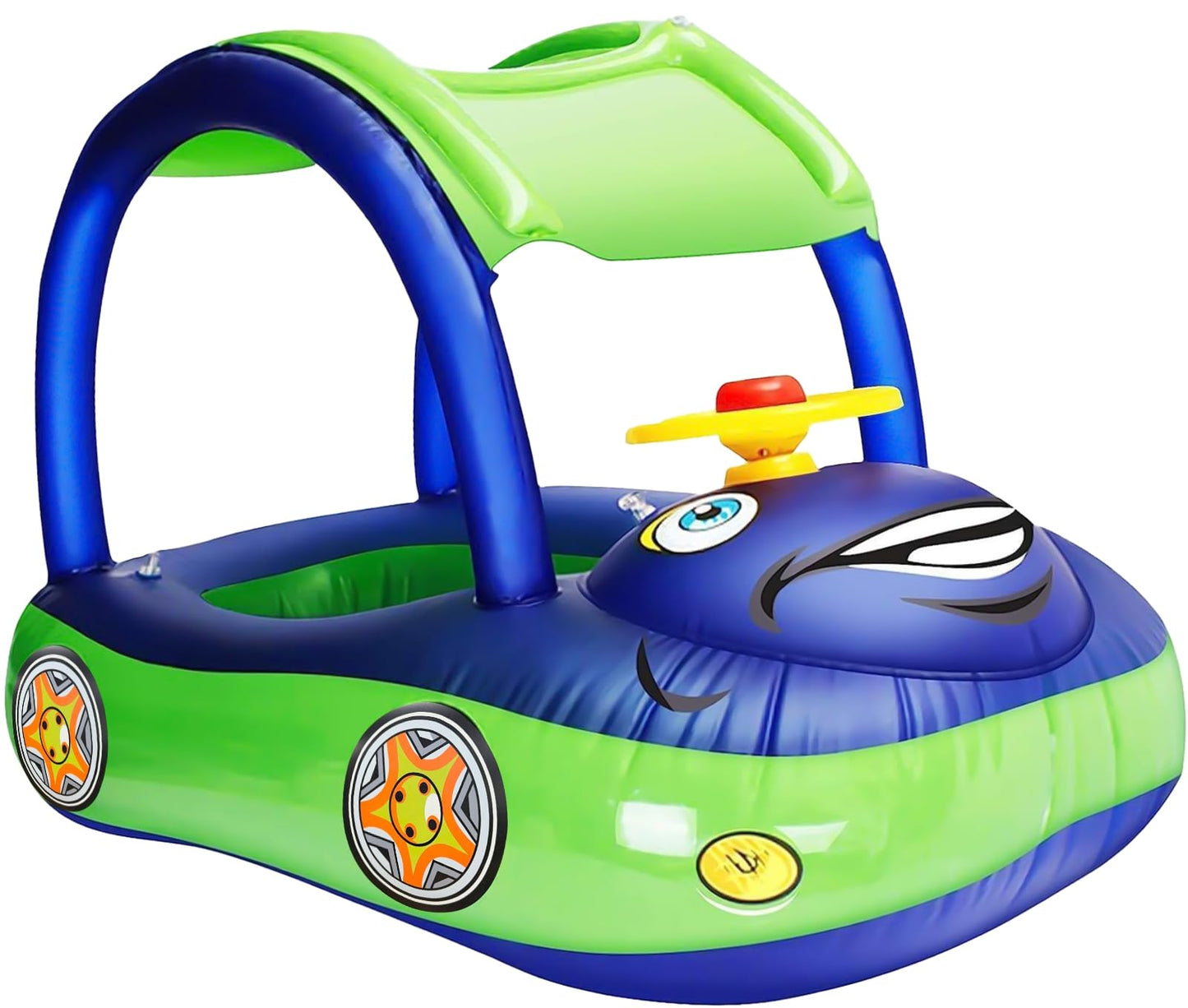 iGeeKid Inflatable Baby Pool Float with Canopy, Safty Seat for Infant Baby Swim Float Rings Car Shaped Swimming Pool Floaties for Babies Toddler Age of 18-36 Months (Blue)